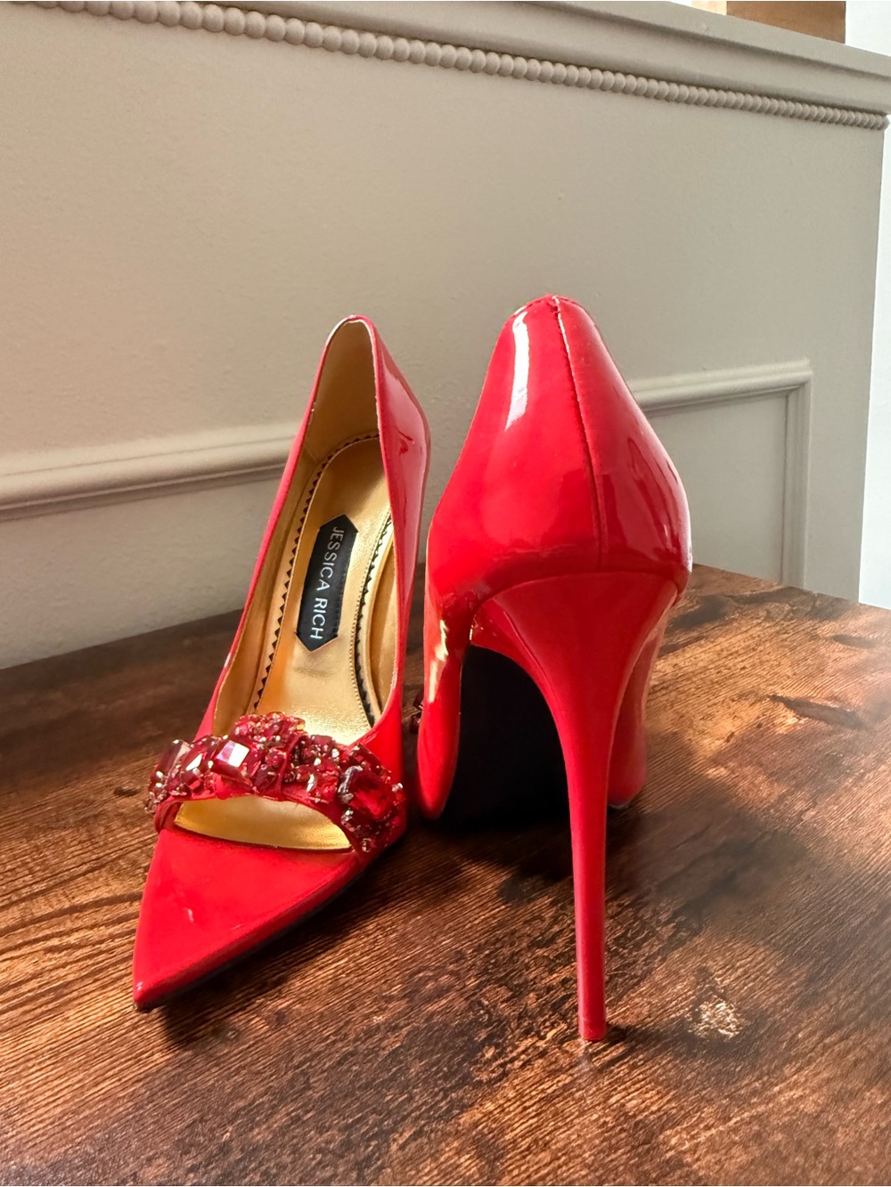 Jessica Rich Red Patent Pointed-Toe Heels with Gem Embellishment - Picture 2 of 6